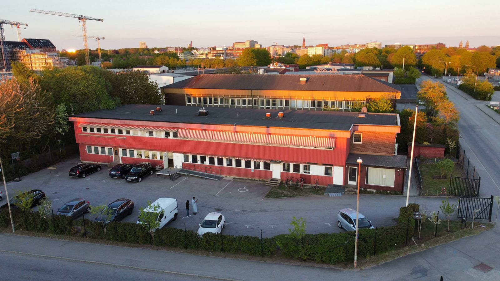 Aerial view of Lund Mosque in evening light, central Lund